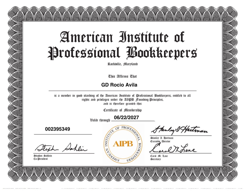 AIPB Certificate of Membership for GD Rocio Avila